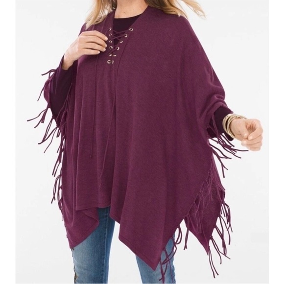 Chico’s Poncho Sz OS Burgundy Monrovia Laced-Up Fringe Oversized Closet Staple - Picture 1 of 7